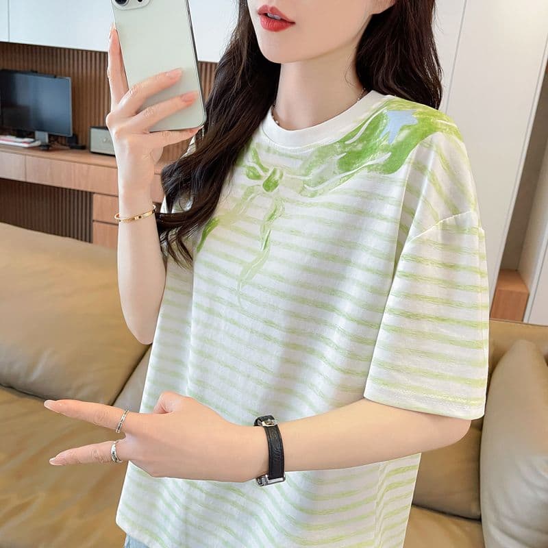 실사 62 면 38 폴리 에스터 반팔 티셔츠 여성 여름 드레스 반팔 얇은 스타일 스트라이프 루즈핏 작은 키 디자인 센스 맨위 상세 이미지 27