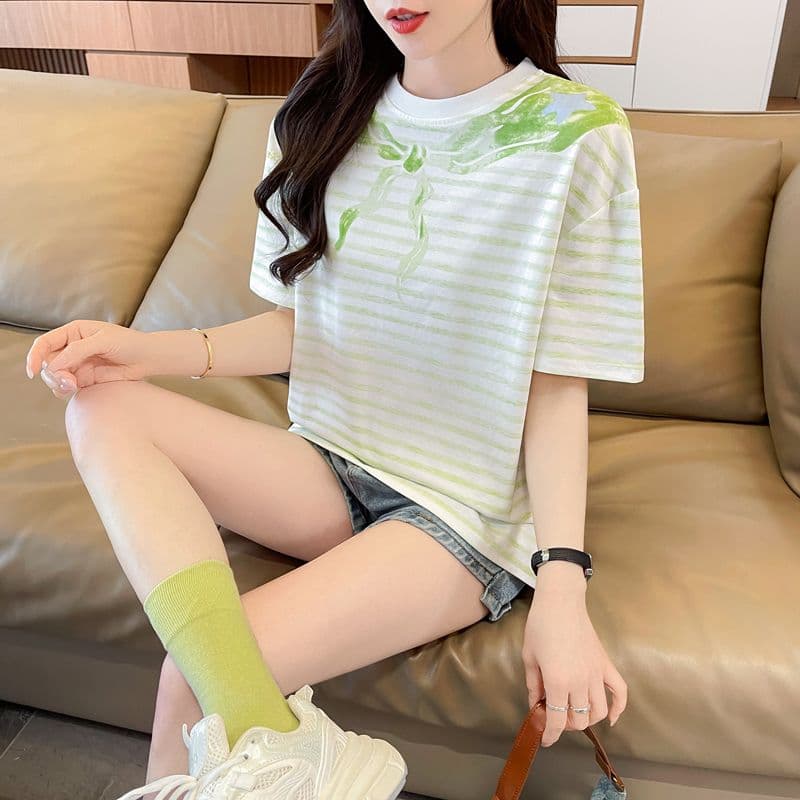 실사 62 면 38 폴리 에스터 반팔 티셔츠 여성 여름 드레스 반팔 얇은 스타일 스트라이프 루즈핏 작은 키 디자인 센스 맨위 상세 이미지 28