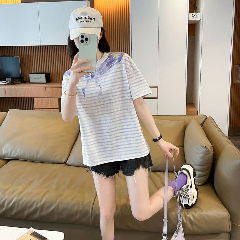 실사 62 면 38 폴리 에스터 반팔 티셔츠 여성 여름 드레스 반팔 얇은 스타일 스트라이프 루즈핏 작은 키 디자인 센스 맨위 상세 이미지 30