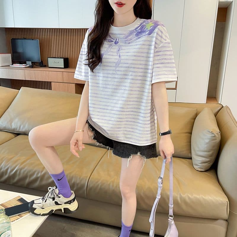 실사 62 면 38 폴리 에스터 반팔 티셔츠 여성 여름 드레스 반팔 얇은 스타일 스트라이프 루즈핏 작은 키 디자인 센스 맨위 상세 이미지 31