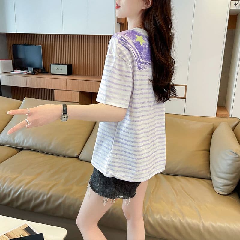 실사 62 면 38 폴리 에스터 반팔 티셔츠 여성 여름 드레스 반팔 얇은 스타일 스트라이프 루즈핏 작은 키 디자인 센스 맨위 상세 이미지 35