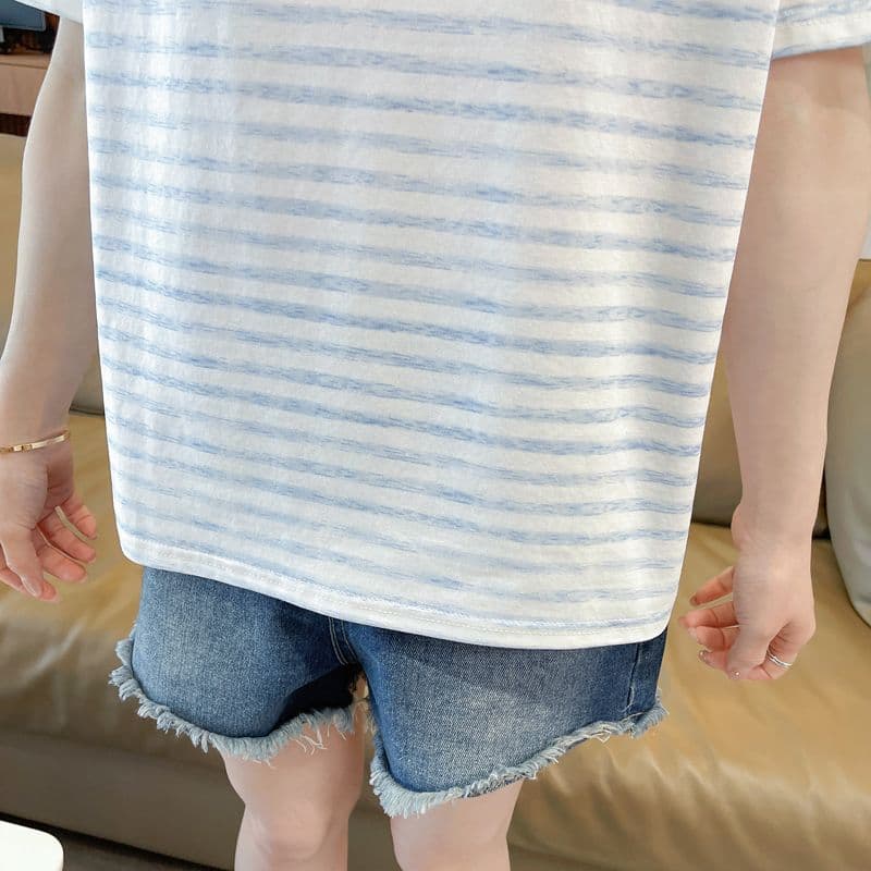 실사 62 면 38 폴리 에스터 반팔 티셔츠 여성 여름 드레스 반팔 얇은 스타일 스트라이프 루즈핏 작은 키 디자인 센스 맨위 상세 이미지 40