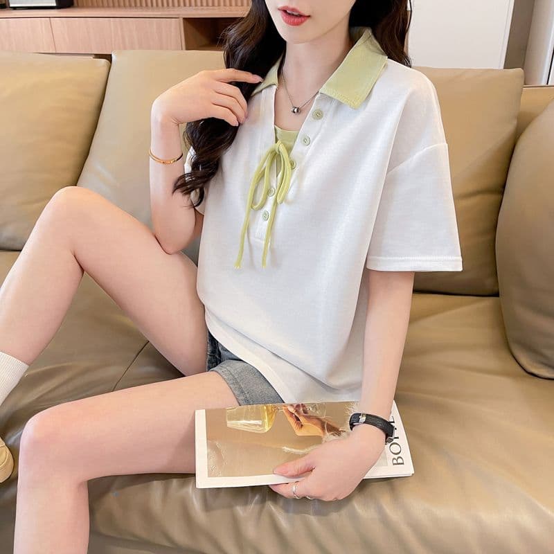 실사 180g 남자 바 면 반팔 티셔츠 여성 여름 드레스 얇은 스타일 배색 POLO 칼라 루즈핏 작은 키 맨위 상세 이미지 12