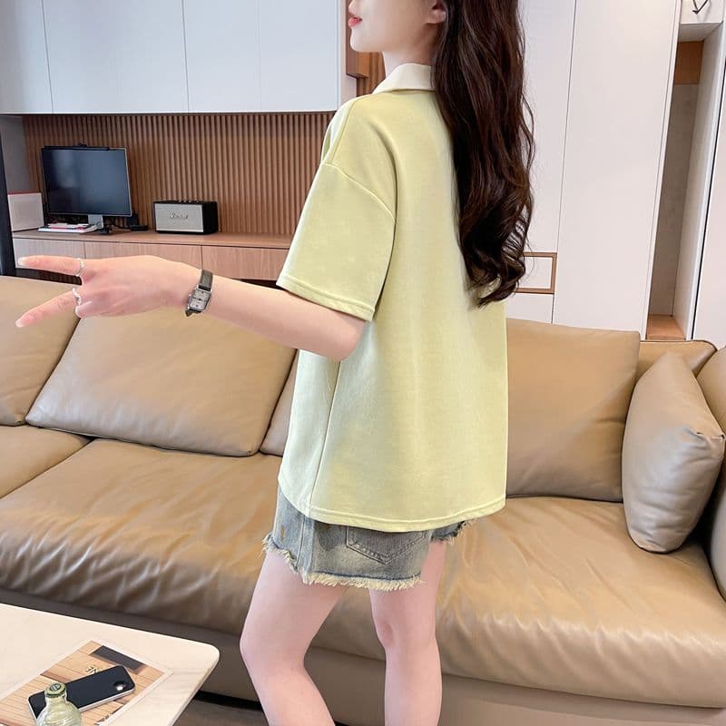 실사 180g 남자 바 면 반팔 티셔츠 여성 여름 드레스 얇은 스타일 배색 POLO 칼라 루즈핏 작은 키 맨위 상세 이미지 26