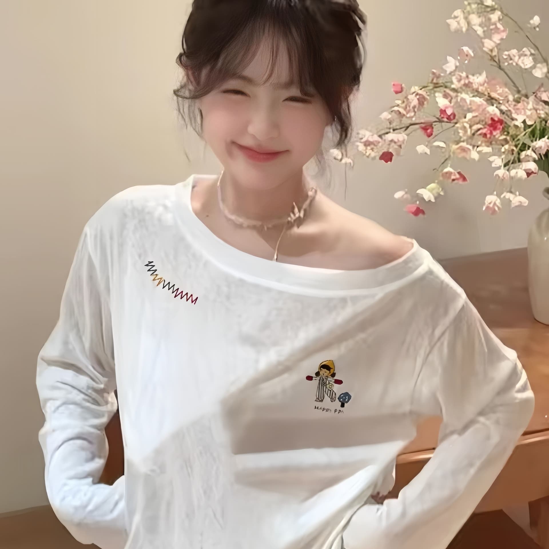 65 면 눈꽃 면 만화 프린트 비스듬한 어깨 긴팔 티셔츠 여성 여름 얇은 스타일 블라우스 자외선 차단 오프숄더 맨위 이미지 2