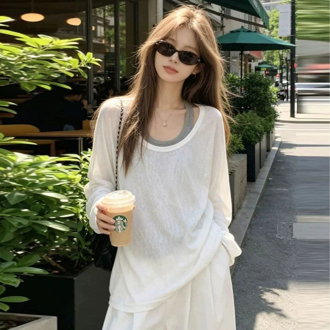 다용도 화이트 페이크 레이어드 긴팔 티셔츠 여성 여름 얇은 스타일 2026 새로운 마이크로 ~을 통해 자외선 차단 블라우스 맨위 이미지 2