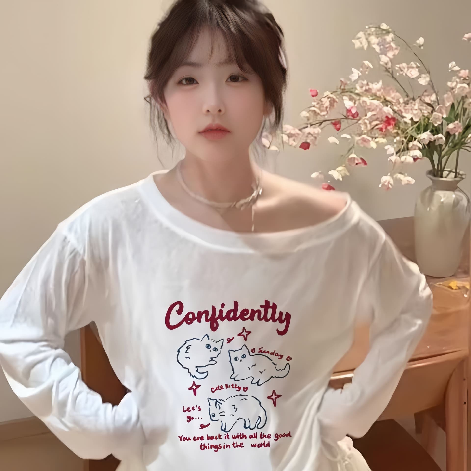 65 면 화이트 만화 고양이 프린트 비스듬한 어깨 긴팔 티셔츠 여성 여름 루즈핏 마이크로 ~을 통해 자외선 차단 블라우스 맨위
