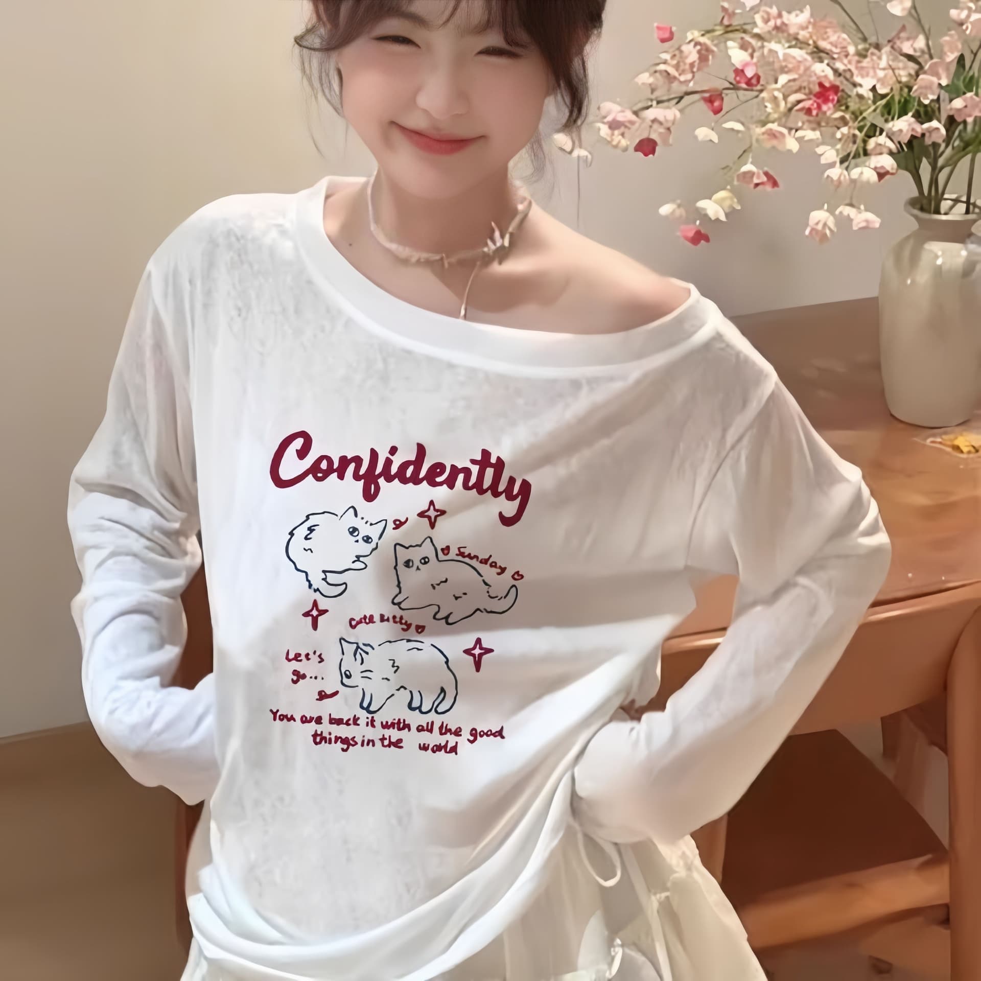 65 면 화이트 만화 고양이 프린트 비스듬한 어깨 긴팔 티셔츠 여성 여름 루즈핏 마이크로 ~을 통해 자외선 차단 블라우스 맨위 상세 이미지 3