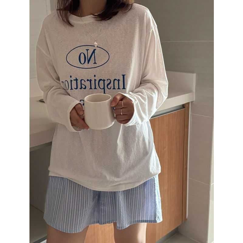 65 면 한국 스타일 파란색 알파벳 프린트 화이트 긴팔 티셔츠 여성 봄 여름 얇은 스타일 자외선 차단 블라우스 루즈핏 맨위 상세 이미지 4