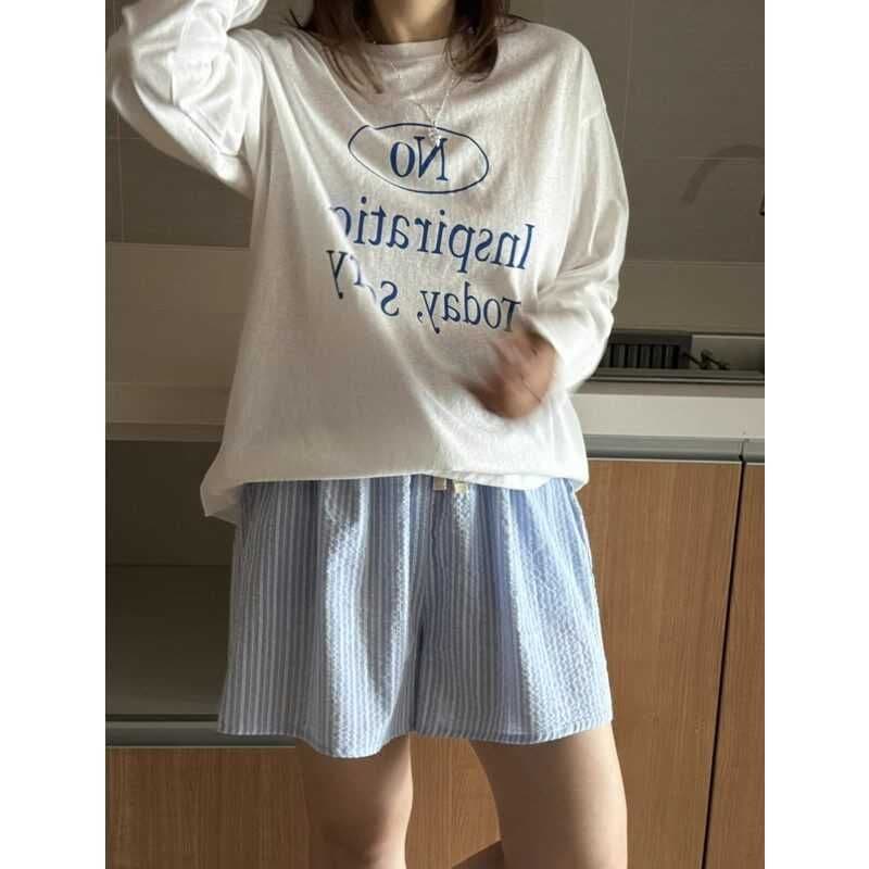 65 면 한국 스타일 파란색 알파벳 프린트 화이트 긴팔 티셔츠 여성 봄 여름 얇은 스타일 자외선 차단 블라우스 루즈핏 맨위 상세 이미지 6