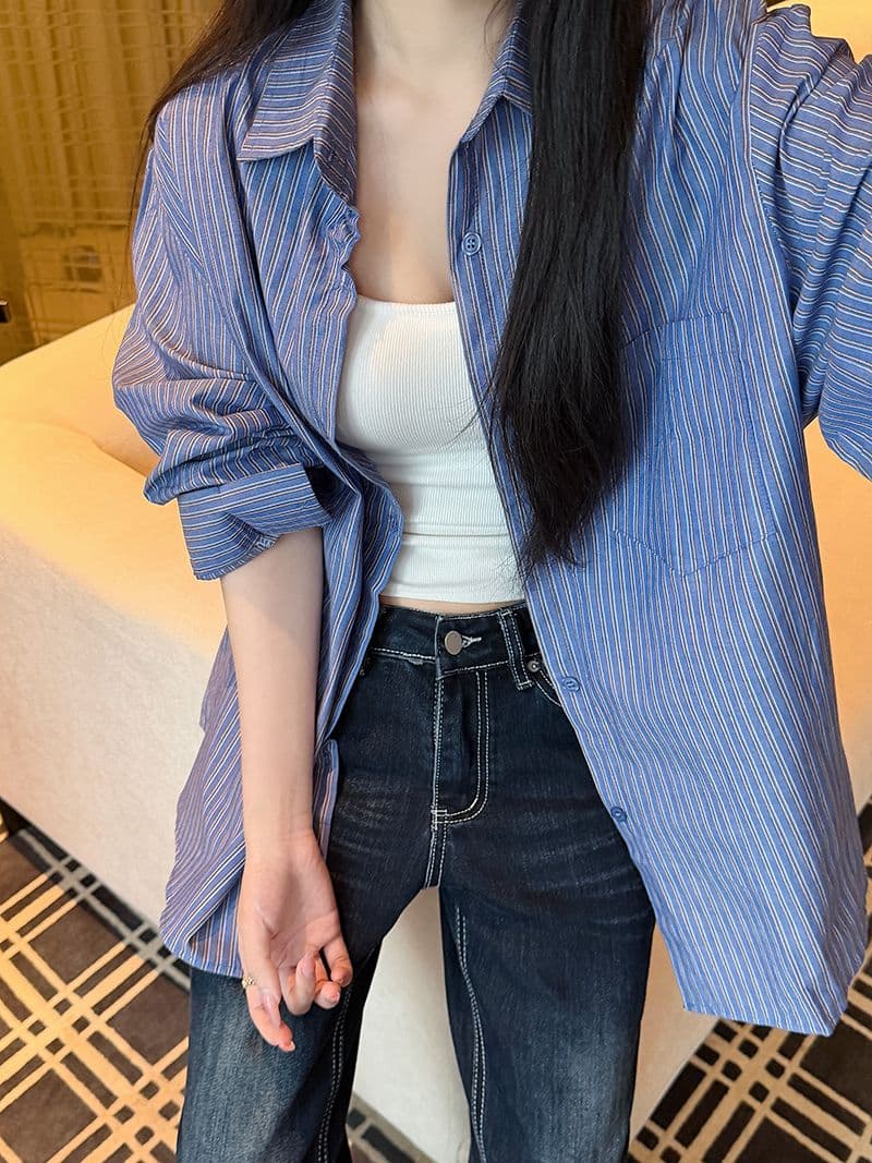 실사 워싱 면 100% 레트로 블루 스트라이프 긴팔 여성 셔츠 여름 얇은 스타일 새로운 오픈 가디건 셔츠 맨위 상세 이미지 3