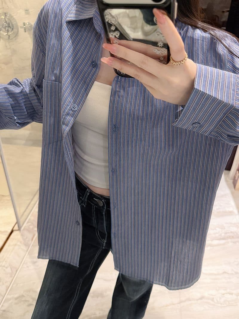 실사 워싱 면 100% 레트로 블루 스트라이프 긴팔 여성 셔츠 여름 얇은 스타일 새로운 오픈 가디건 셔츠 맨위 상세 이미지 10