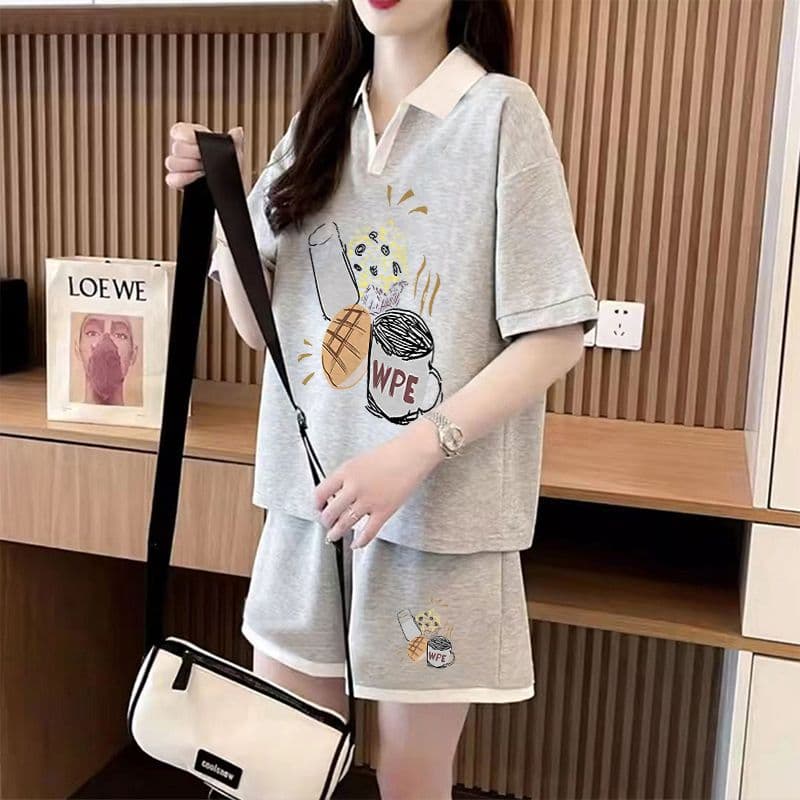 실사 순면 32 더블 실 230 크 2026 여름 POLO 칼라 반팔 티셔츠 반바지 여성 투피스 세트 이미지 4