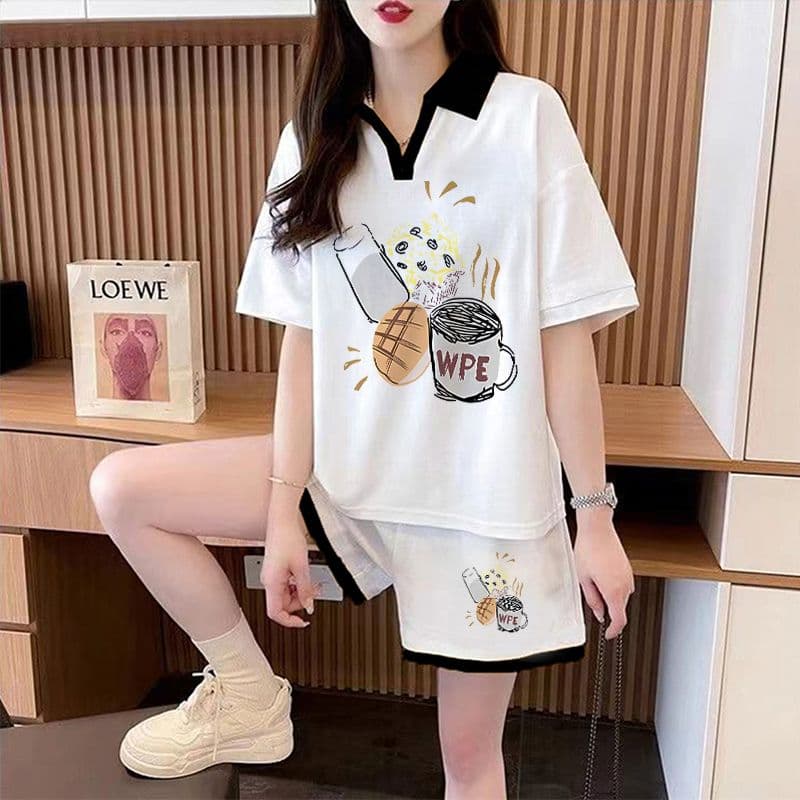 실사 순면 32 더블 실 230 크 2026 여름 POLO 칼라 반팔 티셔츠 반바지 여성 투피스 세트 상세 이미지 2