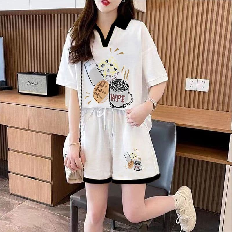 실사 순면 32 더블 실 230 크 2026 여름 POLO 칼라 반팔 티셔츠 반바지 여성 투피스 세트 상세 이미지 3