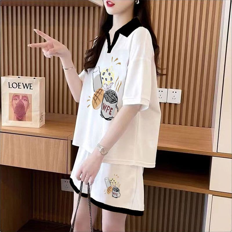 실사 순면 32 더블 실 230 크 2026 여름 POLO 칼라 반팔 티셔츠 반바지 여성 투피스 세트 상세 이미지 4
