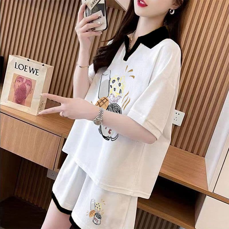 실사 순면 32 더블 실 230 크 2026 여름 POLO 칼라 반팔 티셔츠 반바지 여성 투피스 세트 상세 이미지 5