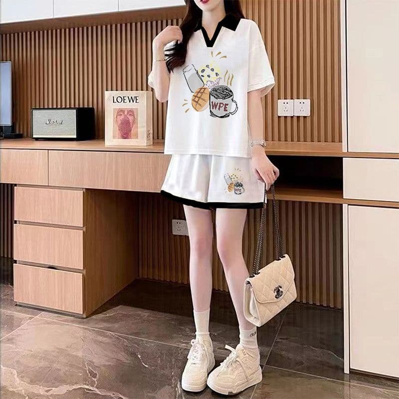 실사 순면 32 더블 실 230 크 2026 여름 POLO 칼라 반팔 티셔츠 반바지 여성 투피스 세트 상세 이미지 6