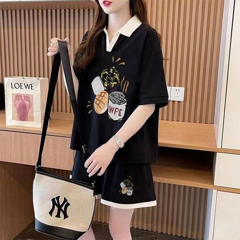실사 순면 32 더블 실 230 크 2026 여름 POLO 칼라 반팔 티셔츠 반바지 여성 투피스 세트 상세 이미지 9