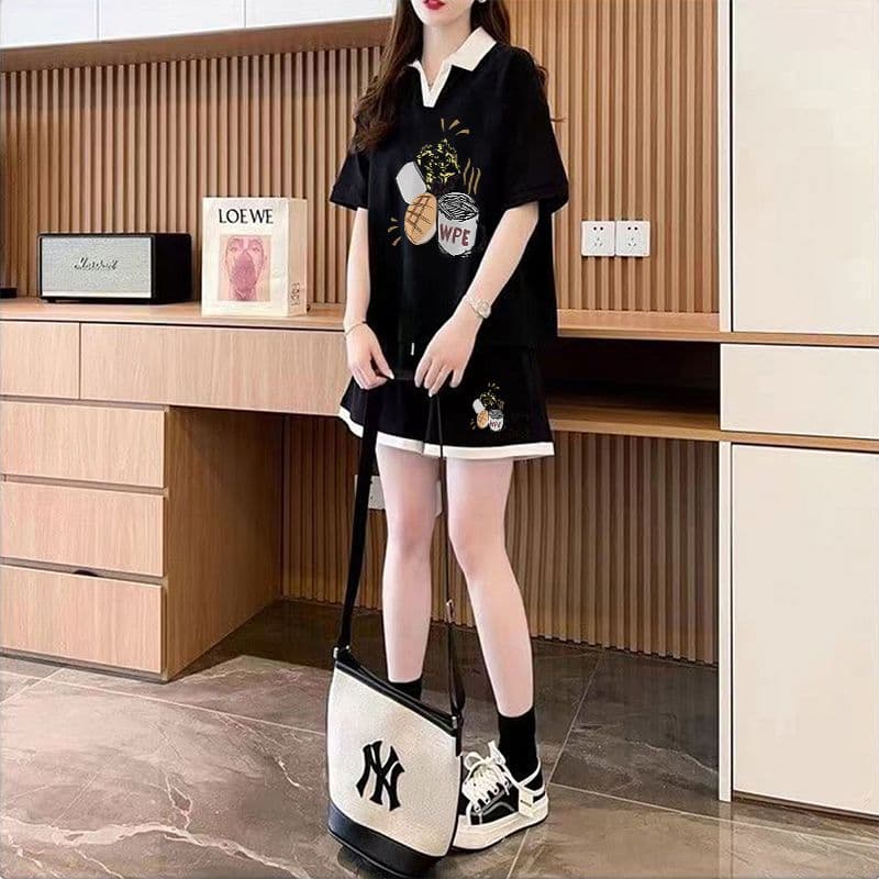 실사 순면 32 더블 실 230 크 2026 여름 POLO 칼라 반팔 티셔츠 반바지 여성 투피스 세트 상세 이미지 10