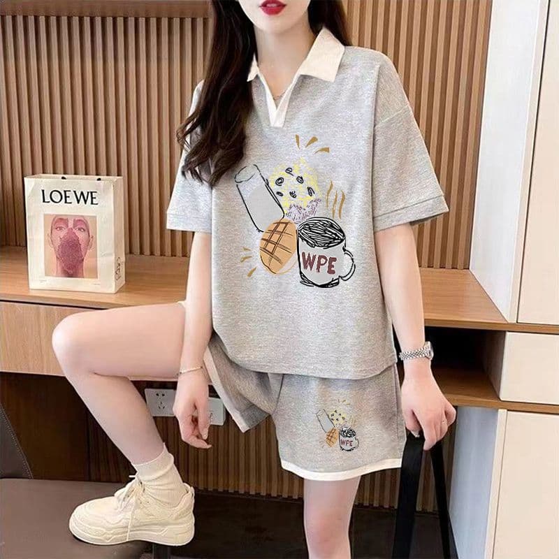 실사 순면 32 더블 실 230 크 2026 여름 POLO 칼라 반팔 티셔츠 반바지 여성 투피스 세트 상세 이미지 13