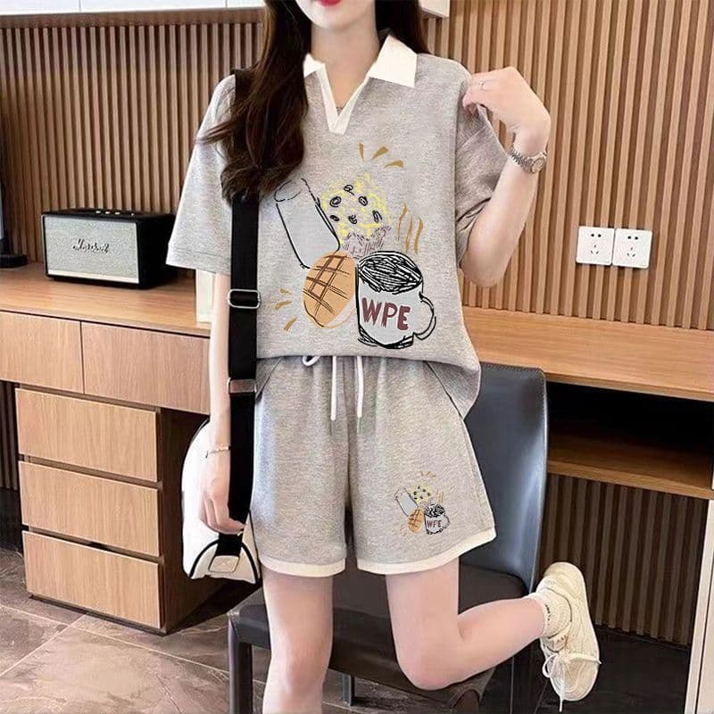 실사 순면 32 더블 실 230 크 2026 여름 POLO 칼라 반팔 티셔츠 반바지 여성 투피스 세트 상세 이미지 14