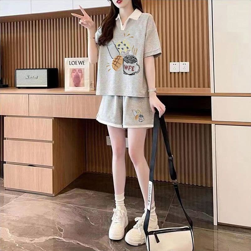 실사 순면 32 더블 실 230 크 2026 여름 POLO 칼라 반팔 티셔츠 반바지 여성 투피스 세트 상세 이미지 17