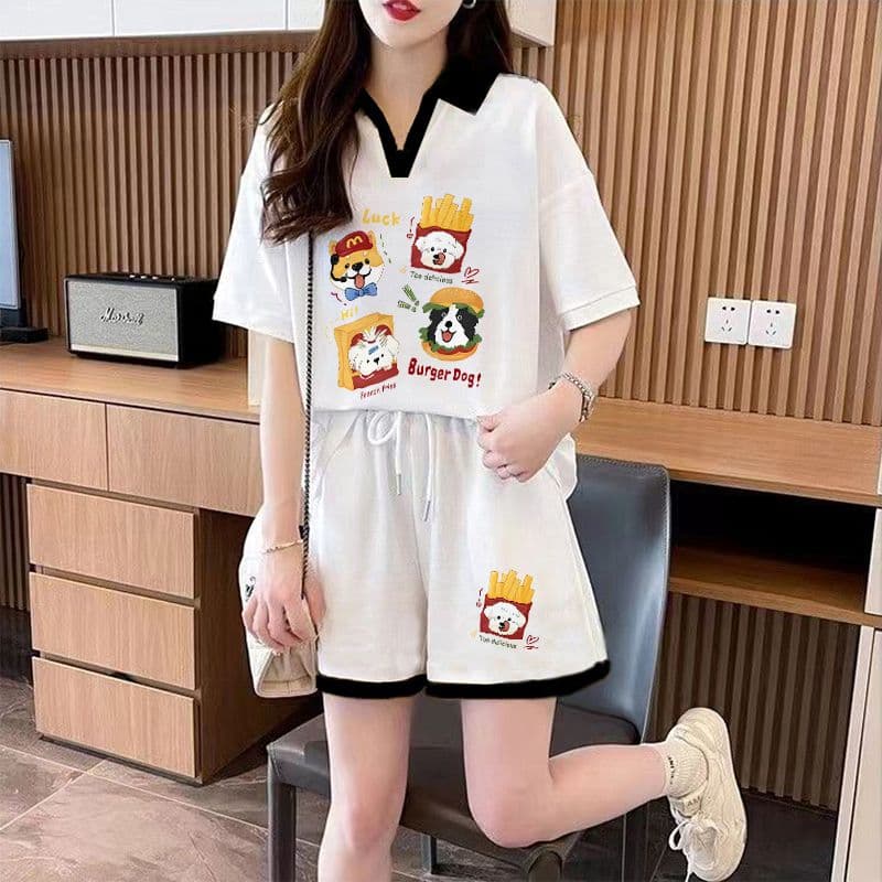 실사 순면 32 더블 실 230 크 2026 여름 POLO 칼라 반팔 티셔츠 반바지 여성 투피스 세트 상세 이미지 3
