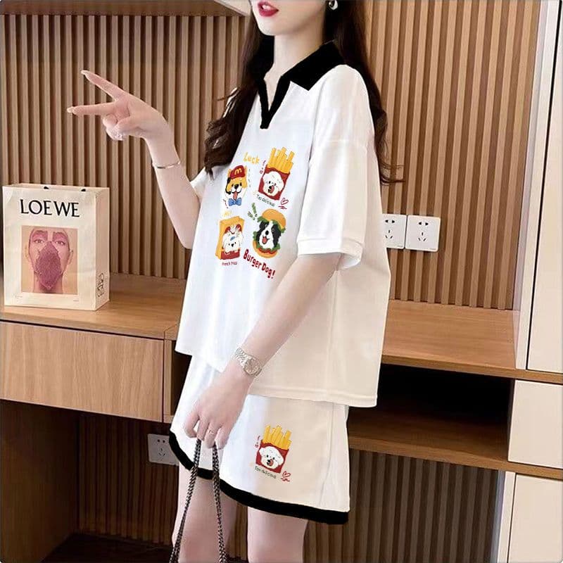 실사 순면 32 더블 실 230 크 2026 여름 POLO 칼라 반팔 티셔츠 반바지 여성 투피스 세트 상세 이미지 4