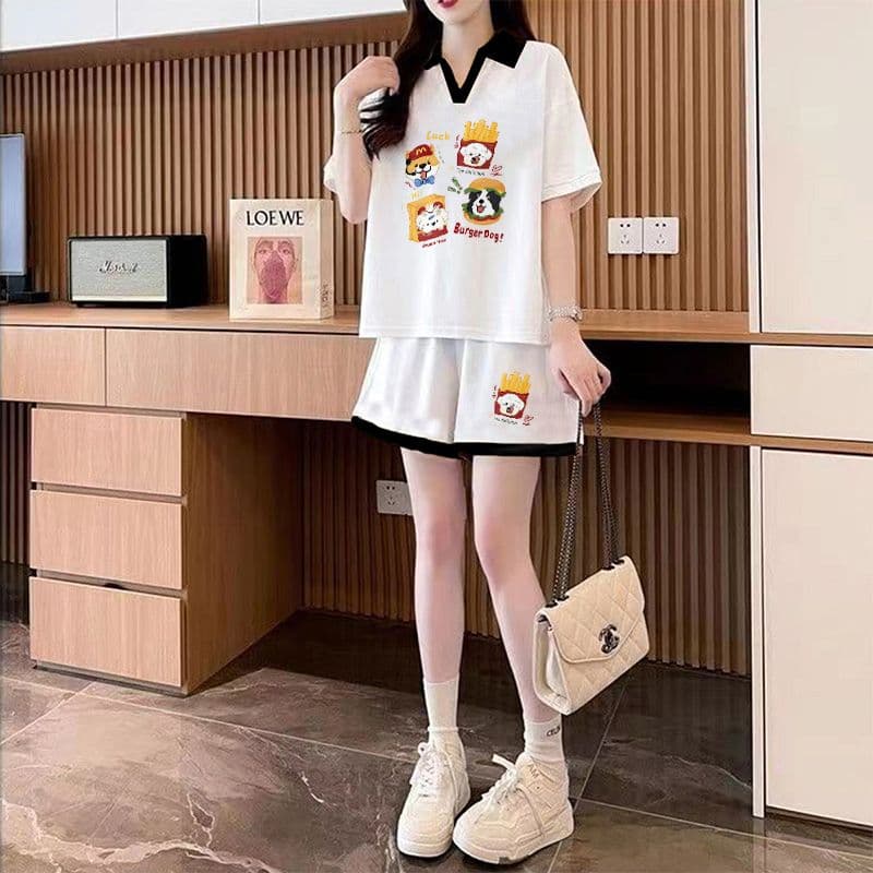실사 순면 32 더블 실 230 크 2026 여름 POLO 칼라 반팔 티셔츠 반바지 여성 투피스 세트 상세 이미지 6