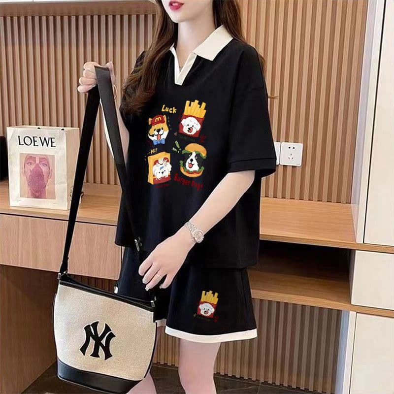 실사 순면 32 더블 실 230 크 2026 여름 POLO 칼라 반팔 티셔츠 반바지 여성 투피스 세트 상세 이미지 9