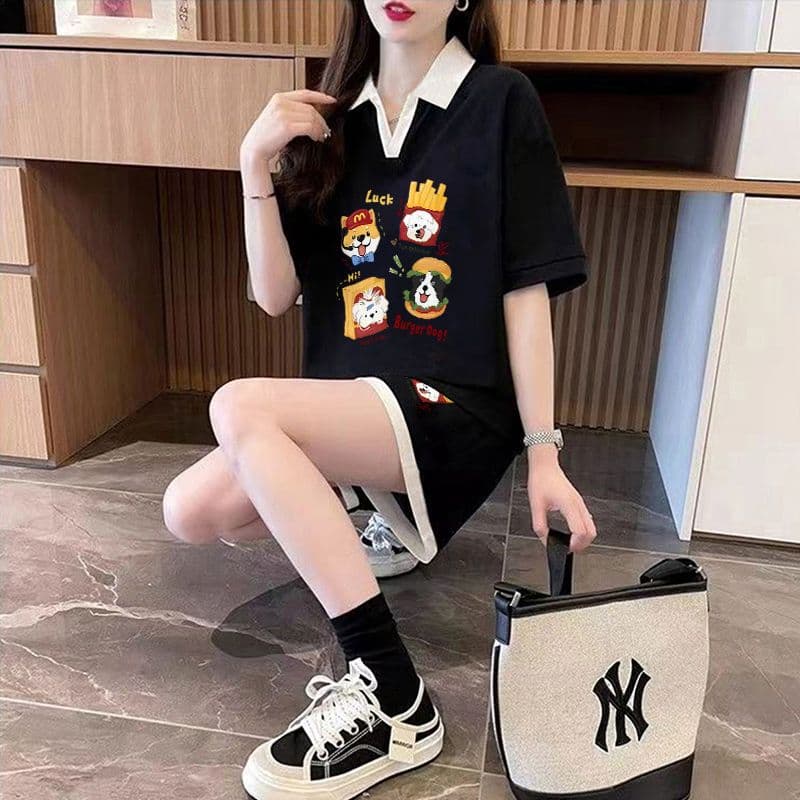 실사 순면 32 더블 실 230 크 2026 여름 POLO 칼라 반팔 티셔츠 반바지 여성 투피스 세트 상세 이미지 11