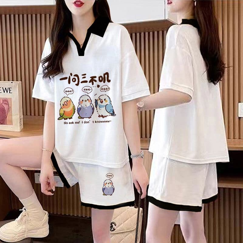 실사 순면 32 더블 실 230 크 2026 여름 POLO 칼라 반팔 티셔츠 반바지 여성 투피스 세트