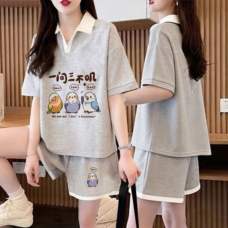 실사 순면 32 더블 실 230 크 2026 여름 POLO 칼라 반팔 티셔츠 반바지 여성 투피스 세트 이미지 2
