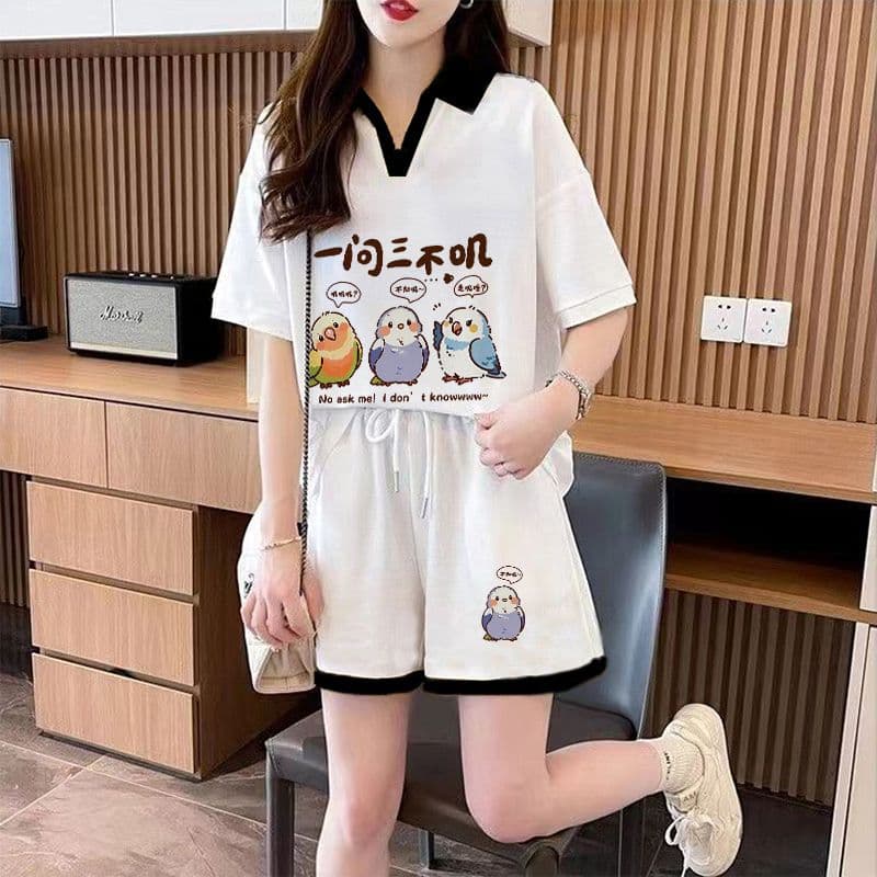 실사 순면 32 더블 실 230 크 2026 여름 POLO 칼라 반팔 티셔츠 반바지 여성 투피스 세트 상세 이미지 3