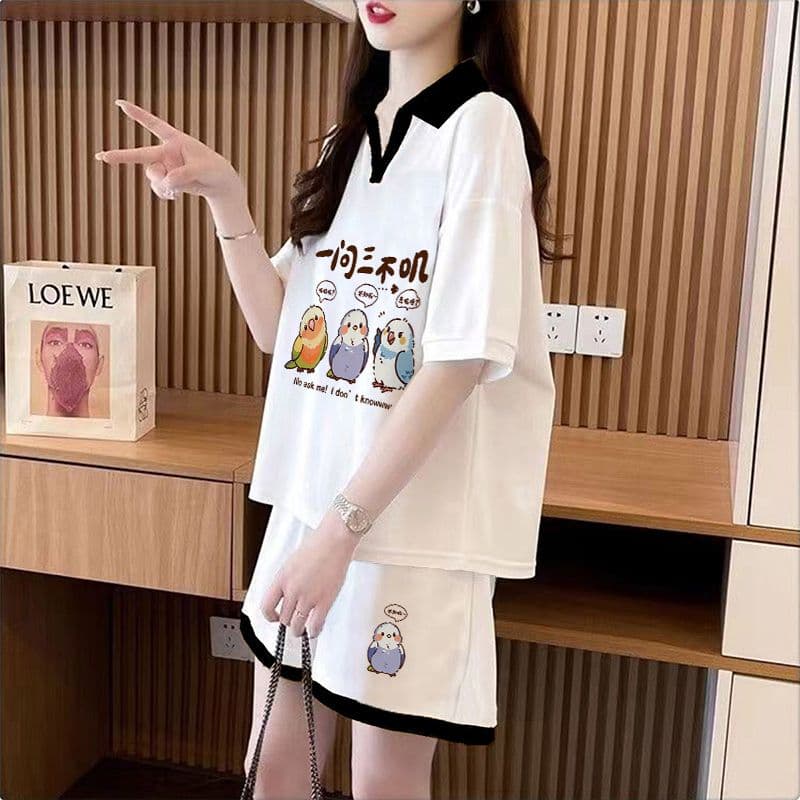 실사 순면 32 더블 실 230 크 2026 여름 POLO 칼라 반팔 티셔츠 반바지 여성 투피스 세트 상세 이미지 4