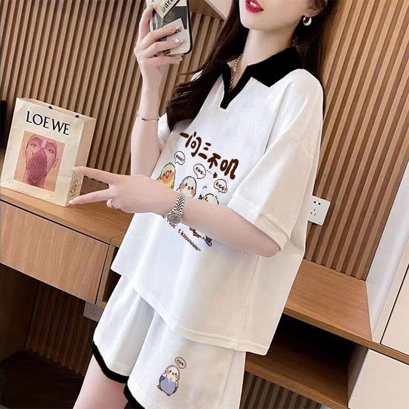 실사 순면 32 더블 실 230 크 2026 여름 POLO 칼라 반팔 티셔츠 반바지 여성 투피스 세트 상세 이미지 5