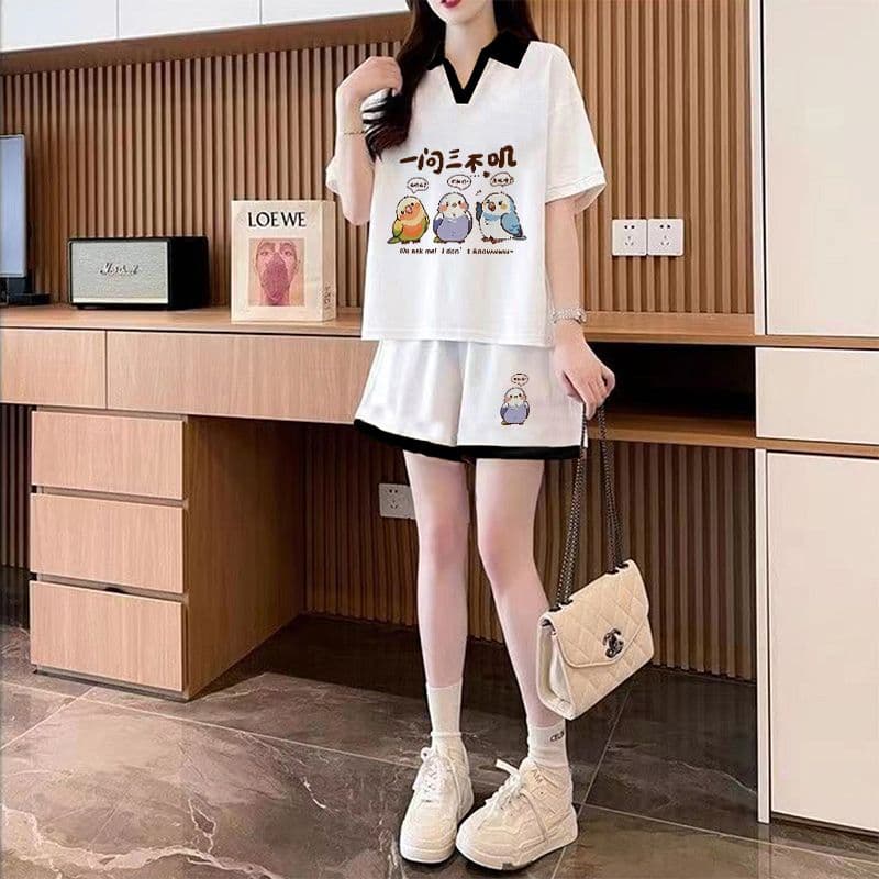 실사 순면 32 더블 실 230 크 2026 여름 POLO 칼라 반팔 티셔츠 반바지 여성 투피스 세트 상세 이미지 6