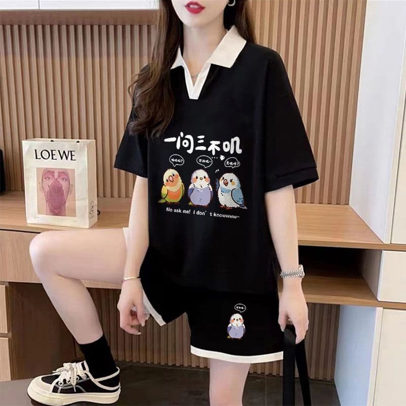 실사 순면 32 더블 실 230 크 2026 여름 POLO 칼라 반팔 티셔츠 반바지 여성 투피스 세트 상세 이미지 8