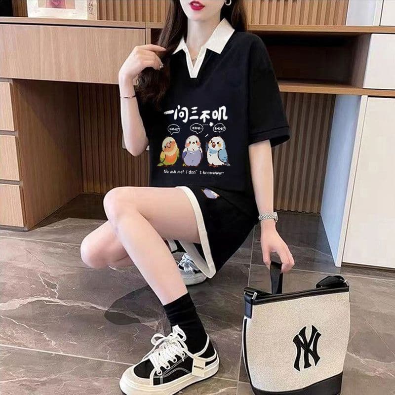 실사 순면 32 더블 실 230 크 2026 여름 POLO 칼라 반팔 티셔츠 반바지 여성 투피스 세트 상세 이미지 11