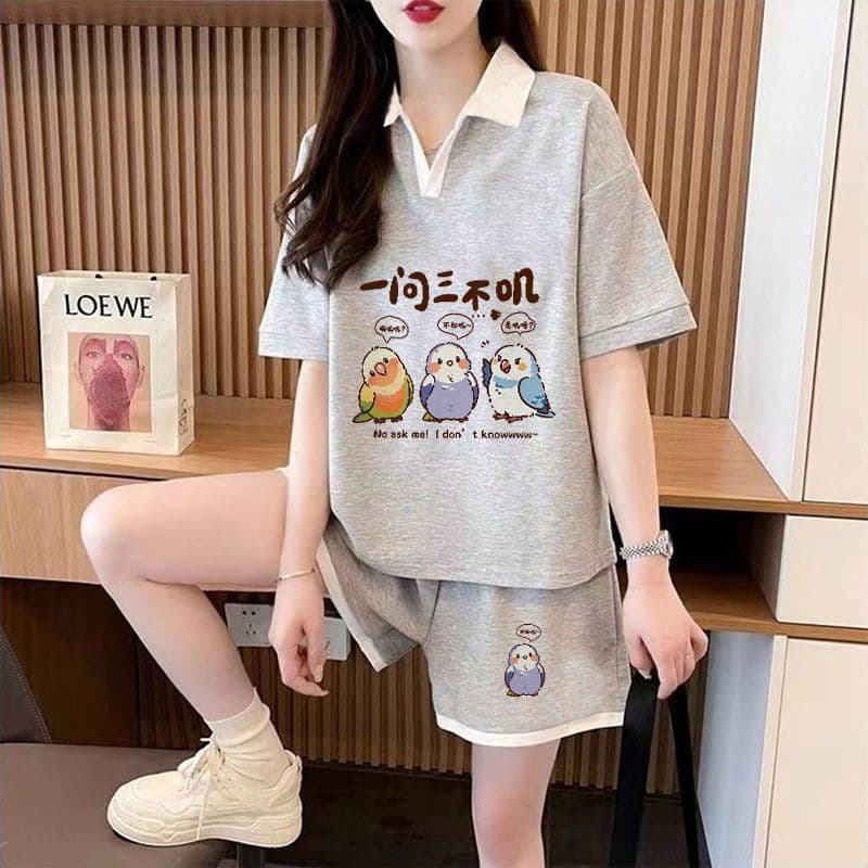 실사 순면 32 더블 실 230 크 2026 여름 POLO 칼라 반팔 티셔츠 반바지 여성 투피스 세트 상세 이미지 13