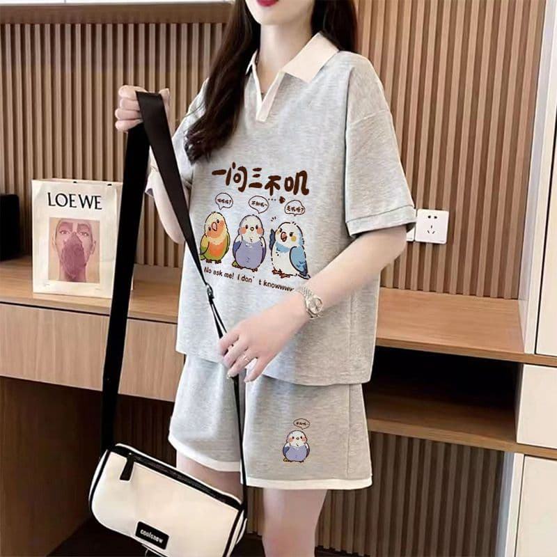 실사 순면 32 더블 실 230 크 2026 여름 POLO 칼라 반팔 티셔츠 반바지 여성 투피스 세트 상세 이미지 15