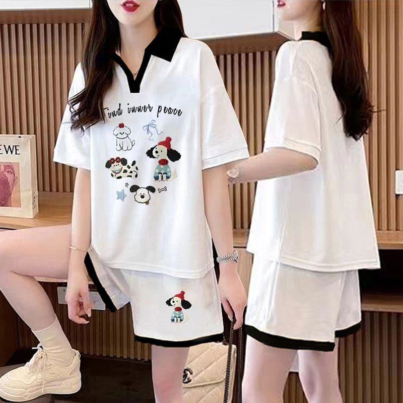 실사 순면 32 더블 실 230 크 2026 여름 POLO 칼라 반팔 티셔츠 반바지 여성 투피스 세트 이미지 3