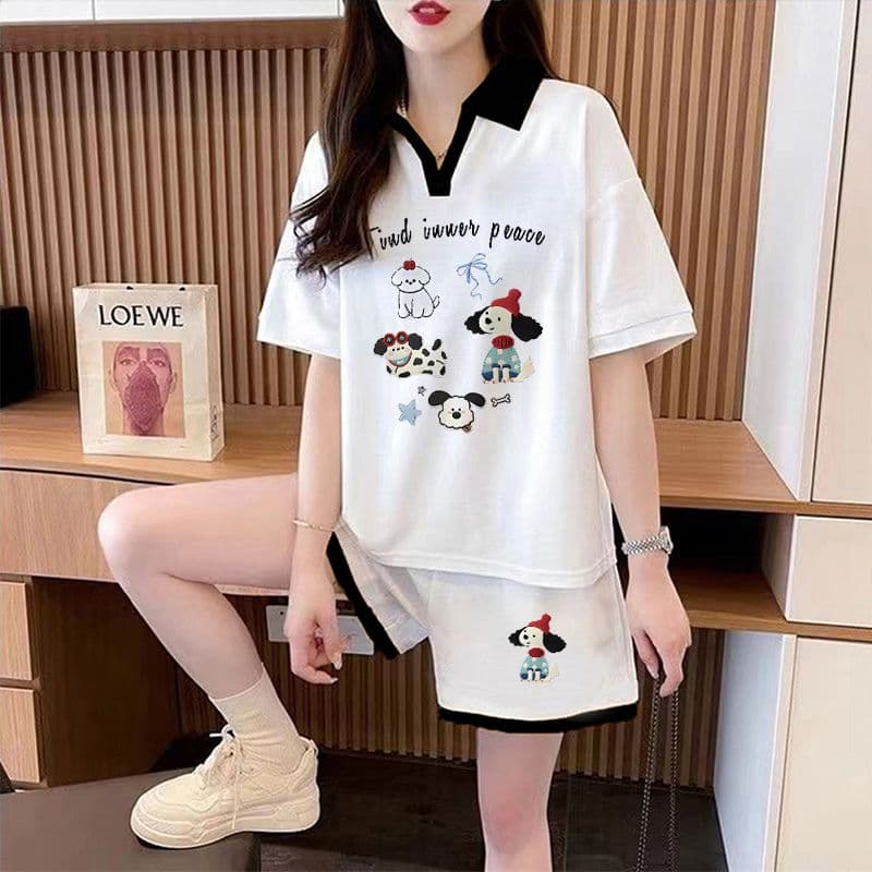 실사 순면 32 더블 실 230 크 2026 여름 POLO 칼라 반팔 티셔츠 반바지 여성 투피스 세트 상세 이미지 2