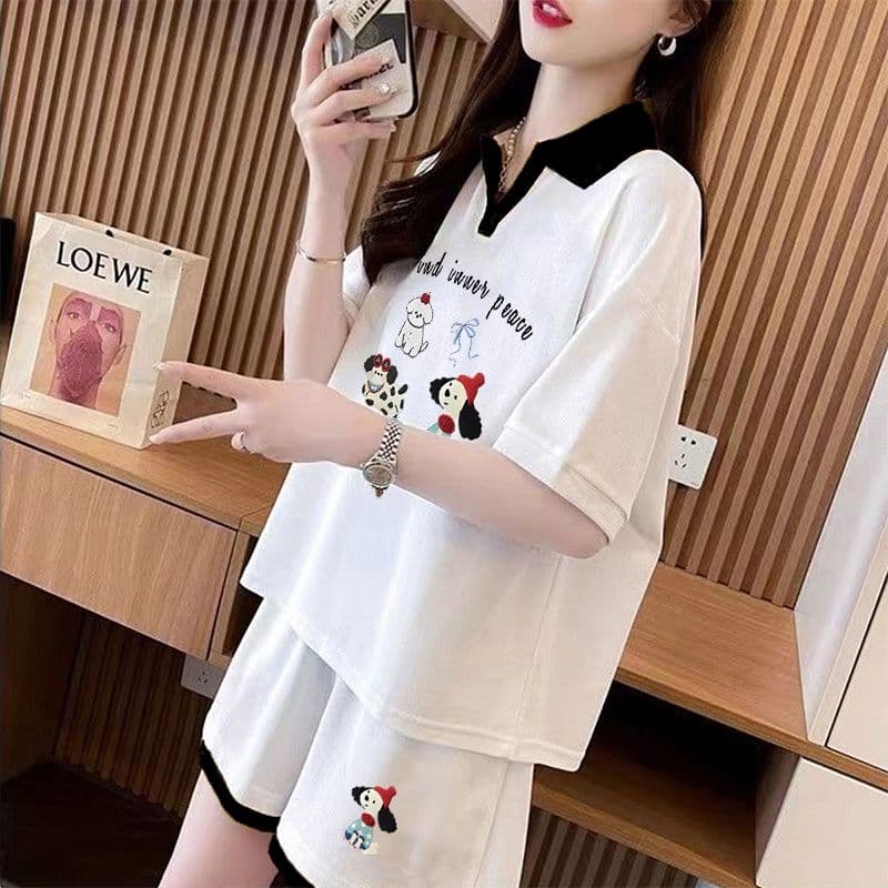 실사 순면 32 더블 실 230 크 2026 여름 POLO 칼라 반팔 티셔츠 반바지 여성 투피스 세트 상세 이미지 5