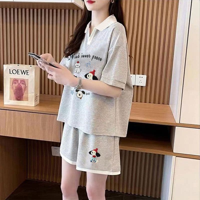 실사 순면 32 더블 실 230 크 2026 여름 POLO 칼라 반팔 티셔츠 반바지 여성 투피스 세트 상세 이미지 16