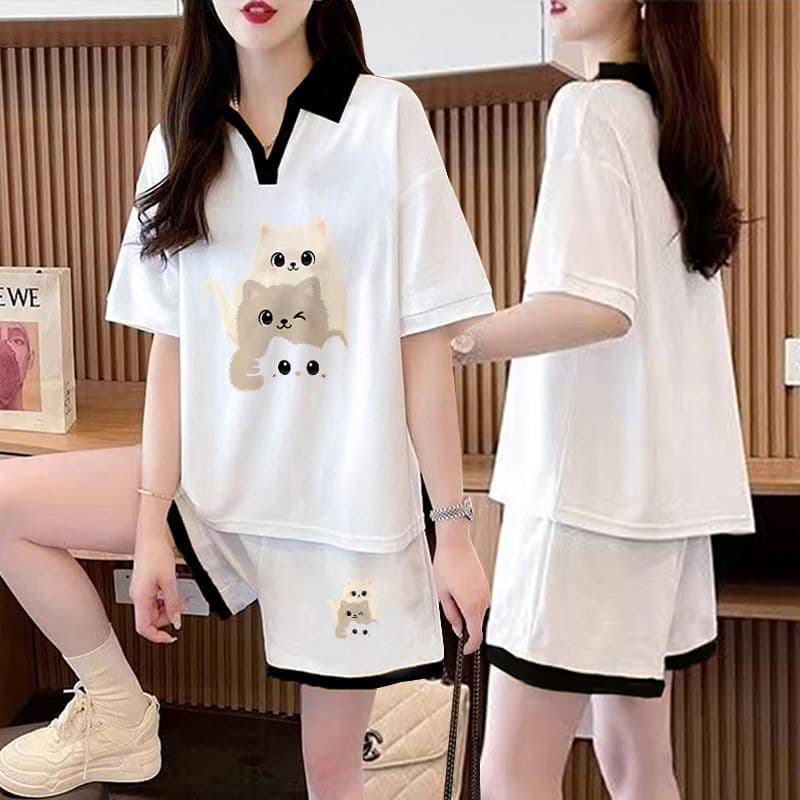 실사 순면 32 더블 실 230 크 2026 여름 POLO 칼라 반팔 티셔츠 반바지 여성 투피스 세트