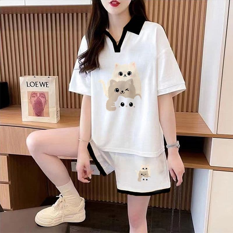 실사 순면 32 더블 실 230 크 2026 여름 POLO 칼라 반팔 티셔츠 반바지 여성 투피스 세트 이미지 5