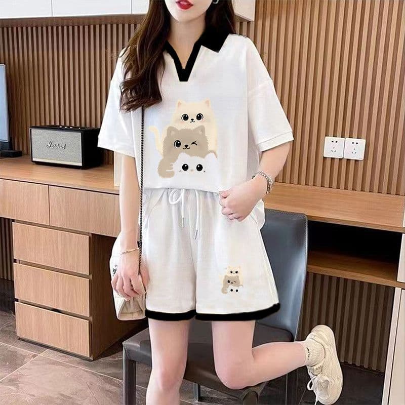 실사 순면 32 더블 실 230 크 2026 여름 POLO 칼라 반팔 티셔츠 반바지 여성 투피스 세트 상세 이미지 3