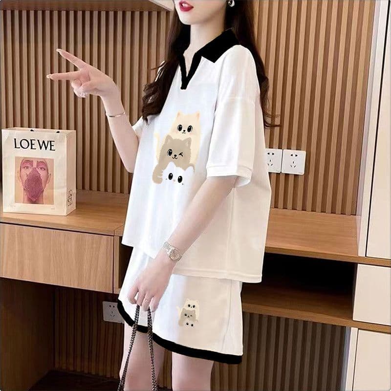 실사 순면 32 더블 실 230 크 2026 여름 POLO 칼라 반팔 티셔츠 반바지 여성 투피스 세트 상세 이미지 4